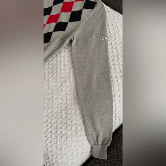 Burberry Golf Long Sleeve V-Neck Argyle Sweater Grey Red Black Merino Wool Small - Picture 3 of 16